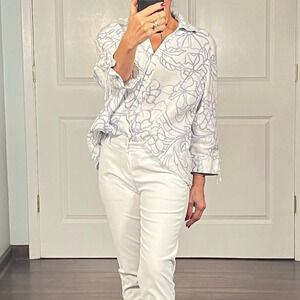 JM Collection Petite 100% linen floral Button Down Shirt size 16P